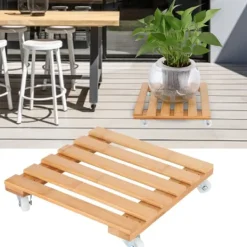 New Bambu Flyttbar Krukväxt Blomhylla Förvaringsställ Bricka med Hjul för Utomhusträdgård Växtställ