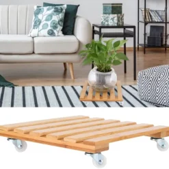 New Bambu Flyttbar Krukväxt Blomhylla Förvaringsställ Bricka med Hjul för Utomhusträdgård Växtställ