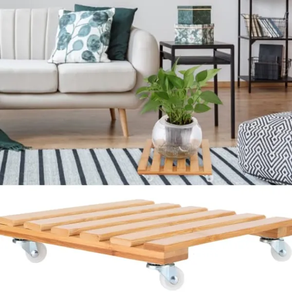 New Bambu Flyttbar Krukväxt Blomhylla Förvaringsställ Bricka med Hjul för Utomhusträdgård Växtställ