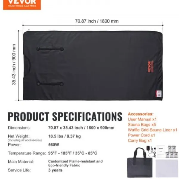 Bastu Filt, 180x80 cm, Justerbar Temperatur, Portabel, Avgiftning Bastu