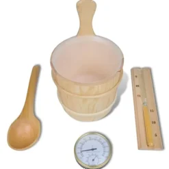 Bastutillbehör 5 delar hink sked timglas termo/hygrometer Bastu