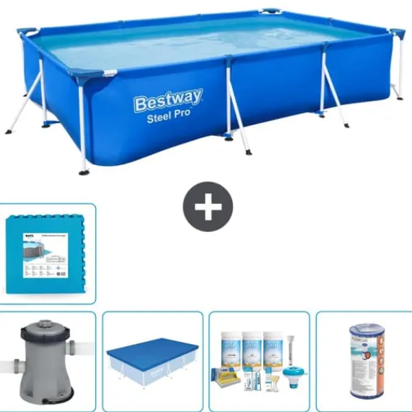 Rectangular Steel Pro Swimming Pool - 300 x 201 x 66 cm - Blå - Inklusive Tillbehör - CB12 Pooler