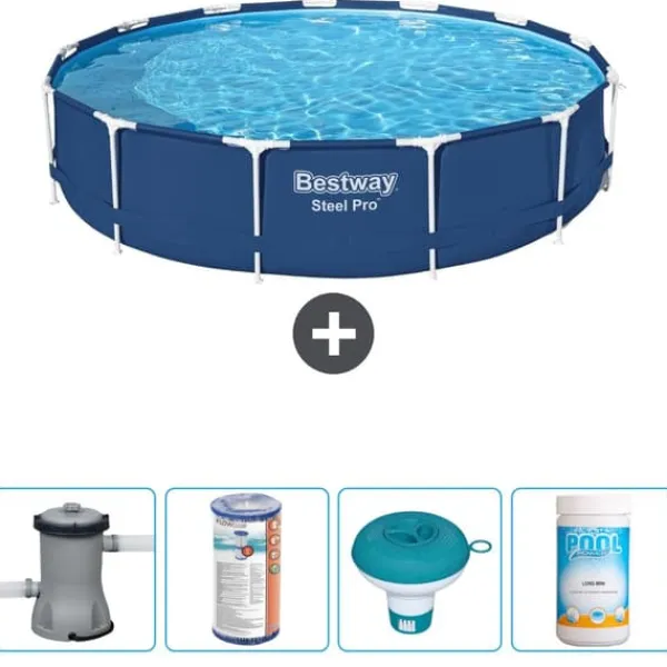 Discount Round Steel Pro Swimming Pool - 396 x 84 cm - Blå - Inklusive Tillbehör - CB53 Pooler