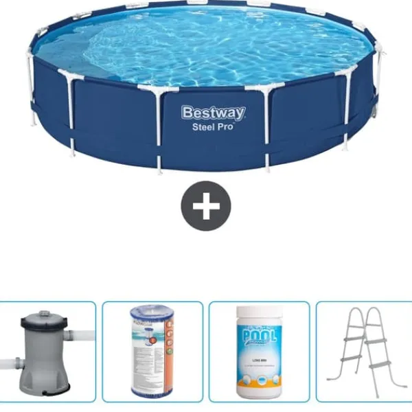 New Round Steel Pro Swimming Pool - 396 x 84 cm - Blå - Inklusive Tillbehör - CB60 Pooler