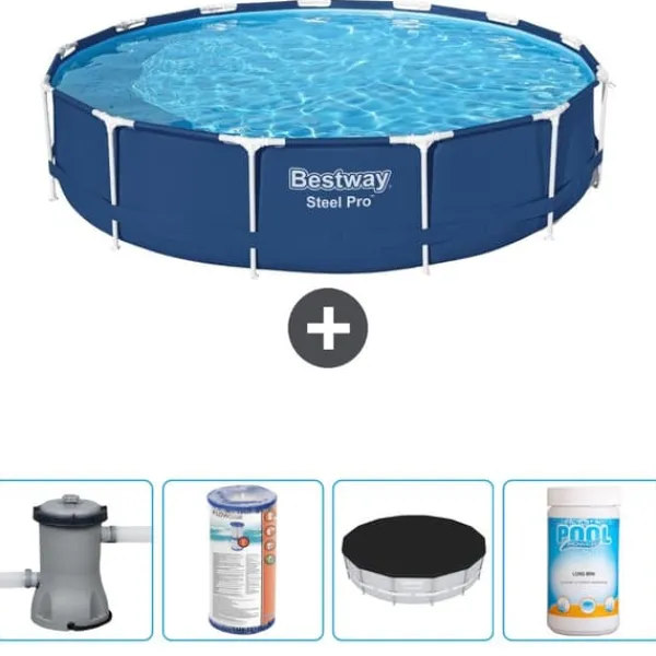Online Round Steel Pro Swimming Pool - 396 x 84 cm - Blå - Inklusive Tillbehör - CB51 Pooler