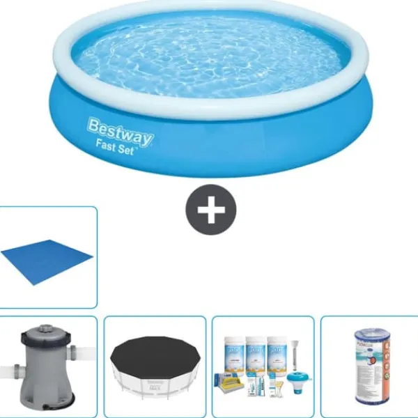 New Round Uppblåsbar Fast Set Pool - 366 x 76 cm - Blå - Inklusive Tillbehör - CB11 Pooler
