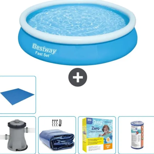 Round Uppblåsbar Fast Set Pool - 366 x 76 cm - Blå - Inklusive Tillbehör - CB16 Pooler