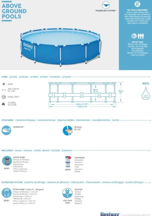 Bestway Steel Pro Frame Pool 366 x 76 cm m. pump