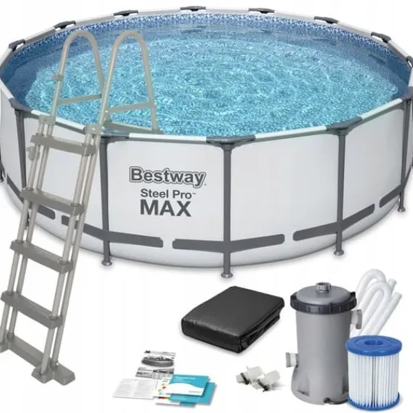 New Bestway Steel Pro Max 457x122 cm Rund poolset över mark med pump, stege och lock Pooler