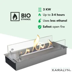 Bioetanolbrännare L (5820LS) med inbyggd läpp - Borstat rostfritt stål - bioetanol inbyggd spis med patenterad keramisk sten - 3 KW värme