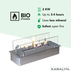 Bioetanolbrännare S (4114LS) med inbyggd läpp - Borstat rostfritt stål - bioetanol inbyggd spis med patenterad keramisk sten - 2 KW värme
