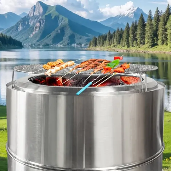 Bålplats i rostfritt stål, portabel utomhuseldstad med askenhet, grillbålplats för vedeldning