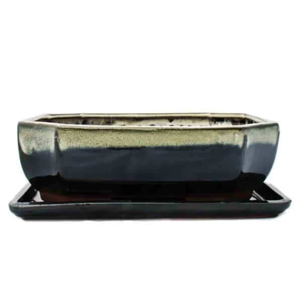 Discount bonsai skål med fat storlek 4 - specialglasyr med ädel färggradienteffekt - rektangulär g117 - svart-vit - l Krukor & Växtbehållare