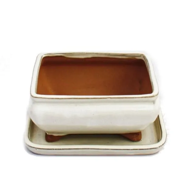 bonsai skål med fat storlek 2 - ljus beige - fyrkantig - modell g81 - l 14,5 cm - b 11,5 cm - h 6,5 cm