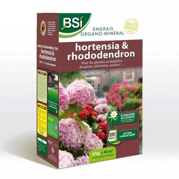 New BSI - Gödselmedel - För hortensior, rhododendron - Strålande blomning - Långvarig verkan - 4 kg - 40 m² Gödningsmedel