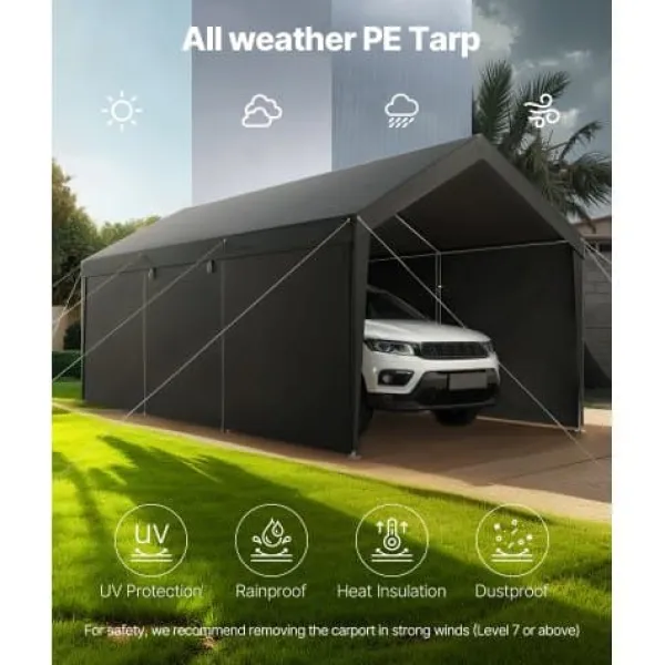Online Carport, 365x609x302 cm, Grå, Stålram Skjul, Garage & Carports