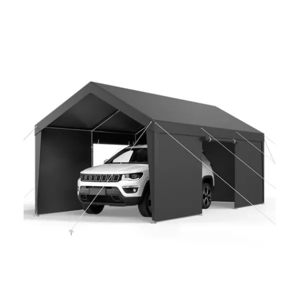 Online Carporttak 3,5x6,5m, Kraftigt Bilskydd, med Sidoväggar, Färg: Vitt Skjul, Garage & Carports