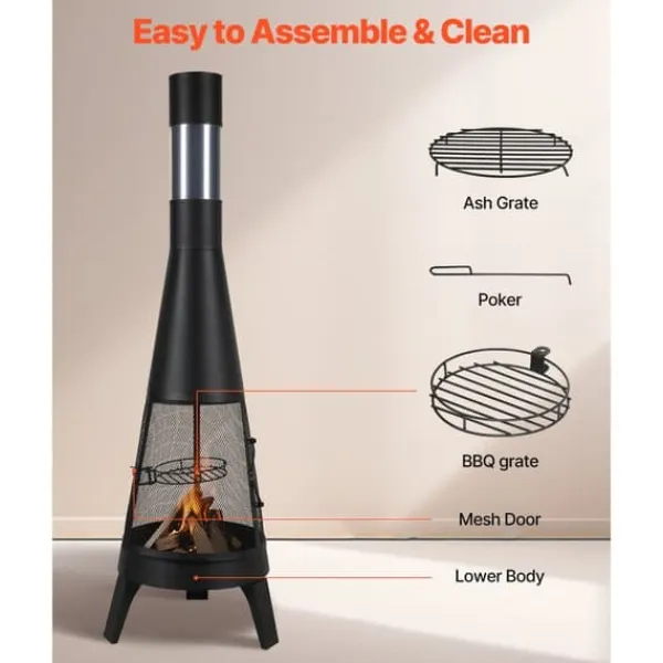 Chiminea utomhuseldstad 20 tum, vedeldad, med grillnät och skorstensbeläggning