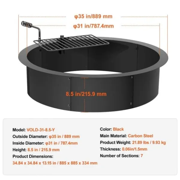 Eldring med BBQ Fire Ring, 35 tum, yttre stål, DIY lägereldsbrasa