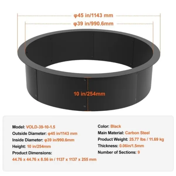 Hot Eldring Rund 45 tum, Yttre Stålfoder, DIY Campfire Ring, Brandgrill, Enkel att Montera Tillbehör Till Vedeldade Kaminer & Öppna Spisar