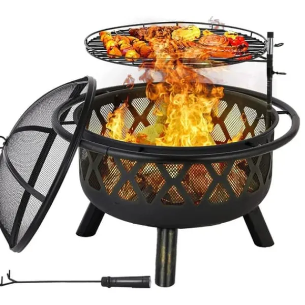 Eldskål - Trädgårdseldstad med grill - Gjutjärn - Kolgrill - Höj- och sänkbart galler - Gnistskydd - Lätt att rengöra