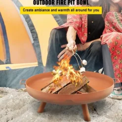 Online Eldskål, 30 tum djup, rund i kolstål för uteplats och camping, med avloppshål, bärhandtag och vedpinne, brun. Tillbehör Till Vedeldade Kaminer & Öppna Spisar