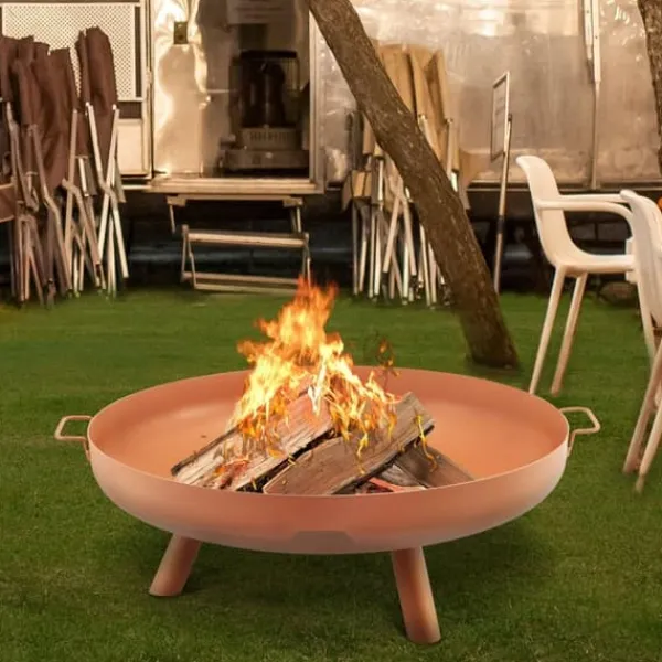 Online Eldskål, 30 tum djup, rund i kolstål för uteplats och camping, med avloppshål, bärhandtag och vedpinne, brun. Tillbehör Till Vedeldade Kaminer & Öppna Spisar