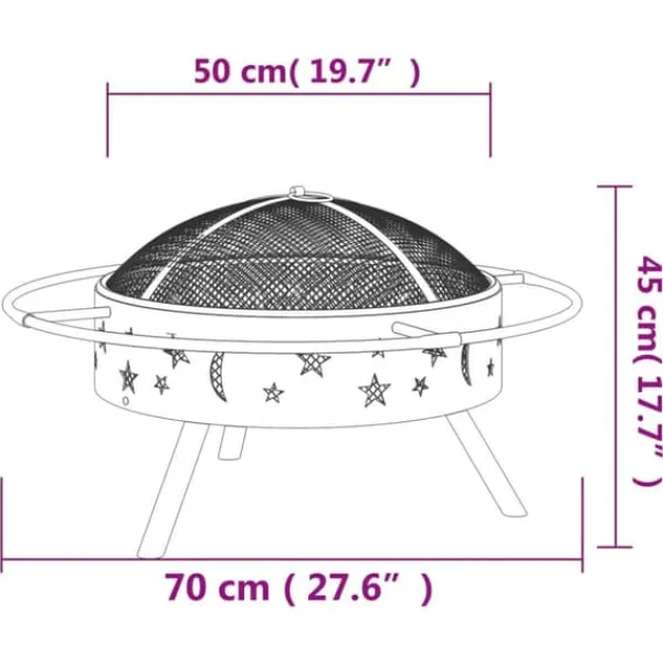 Eldstad med nätlock och eldgaffel - Utomhus eldstad i stål | Storlek: 70 cm | Färg: Svart