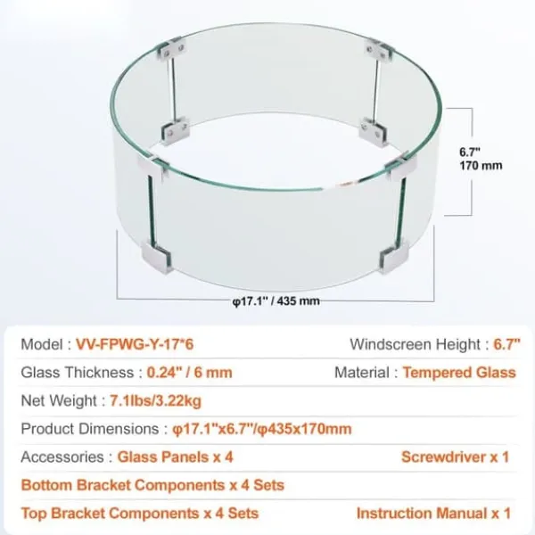 Online Eldstad Vindskydd, 435 x 170 mm glasflamskydd, 6 mm härdat glas, för propan, gas, utomhus, uteplats, bakgård Tillbehör Till Vedeldade Kaminer & Öppna Spisar