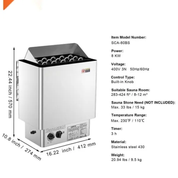 Elektrisk Bastuvärmare 8KW, Inbyggd kontroll, Rostfritt stål, lämplig för 8-12 m³HomeSpa