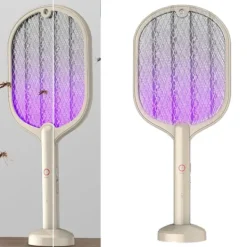 Elektrisk 2-i-1 USB uppladdningsbar flugsmäll med 3-lagers mesh - vit