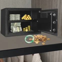 Elektroniskt kassaskåp, möbelsafe, svart, brandsäker, kodlås & nödnyckel, tre-bultslåsning för smycken och kontanter