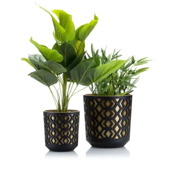 Hot Etnisk blomkruka svart och guld 19xh20 cm Krukor & Växtbehållare