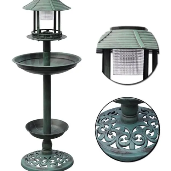 Outlet Fågelbad med soldriven lampa - Dekorativ trädgårdsartikel | Färg: Grön | Storlek: 40x40x110 cm För Fåglar & Småvilt