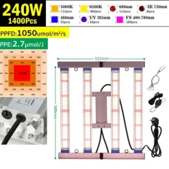 Fällbar Fullspektrum LED-växtlampa, dimbar, hög PPFD,240W