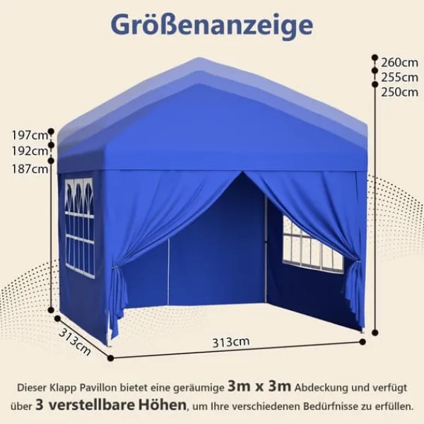 New Fällbar trädgårdspaviljong 3x3 m med 4 sidoväggar, höjdjusterbar i 3 lägen, blå Tält & Lusthus