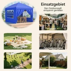 New Fällbar trädgårdspaviljong 3x3 m med 4 sidoväggar, höjdjusterbar i 3 lägen, blå Tält & Lusthus