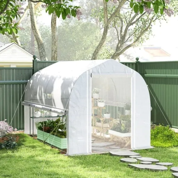 Online Folietunnel 3x2x2 m med dörr & 4 fönster, uppfällbara sidor, galvaniserat stål, UV-beständig, vit Växthus