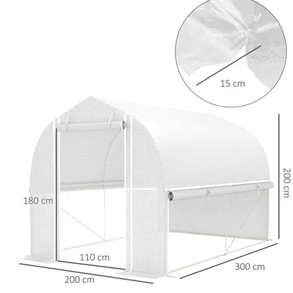 Online Folietunnel 3x2x2 m med dörr & 4 fönster, uppfällbara sidor, galvaniserat stål, UV-beständig, vit Växthus