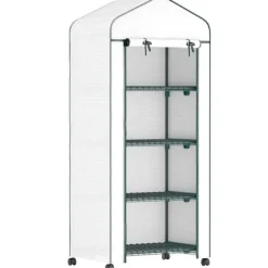 Online Folieväxthus 69x50x165 cm med hjul & hyllor, stålskelett, vintertåligt, vitt – för tomater & växter Växthus