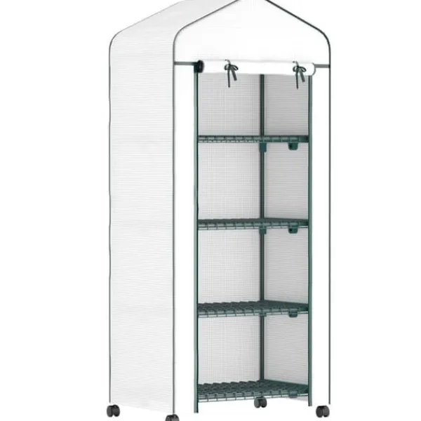 Online Folieväxthus 69x50x165 cm med hjul & hyllor, stålskelett, vintertåligt, vitt – för tomater & växter Växthus
