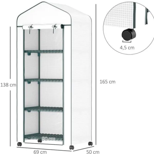 Online Folieväxthus 69x50x165 cm med hjul & hyllor, stålskelett, vintertåligt, vitt – för tomater & växter Växthus