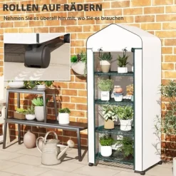 Online Folieväxthus 69x50x165 cm med hjul & hyllor, stålskelett, vintertåligt, vitt – för tomater & växter Växthus