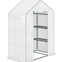 Discount Folieväxthus 143x74x190 cm med rullport, fönster & hyllor, vitt Växthus