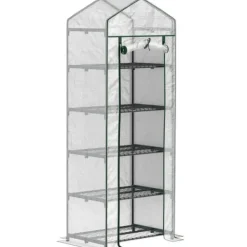 Clearance Folieväxthus 69x49x193 cm med rullport & hyllor, vintertåligt, stål, vitt Växthus