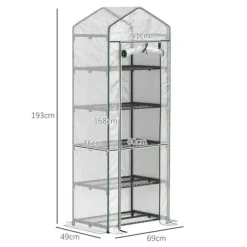 Clearance Folieväxthus 69x49x193 cm med rullport & hyllor, vintertåligt, stål, vitt Växthus