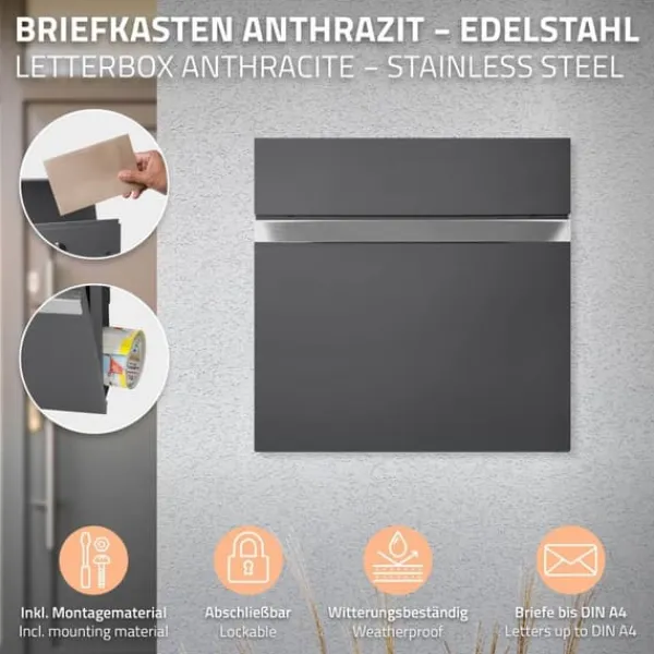 New Fristående brevlåda med tidningsfack 37 cm antracit inkl. stativ 120 cm högt Fristående brevlåda Silver Postlådor & Brevlådor