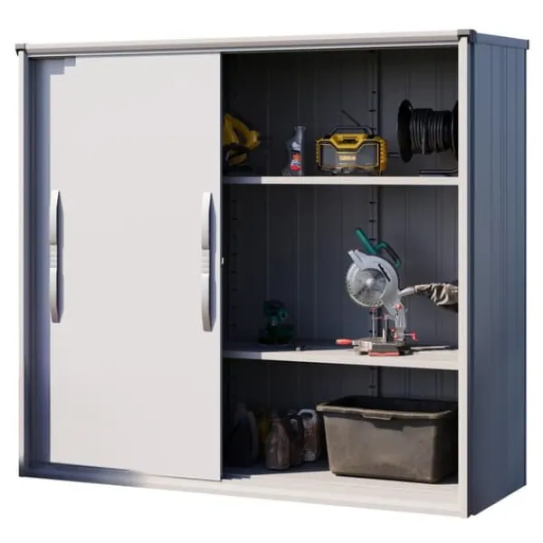 Best GFP Förvaringsskåp för utomhusbruk metall 210x75x191 cm verktygsbod inkl. skjutdörr grå vattentät Skjul, Garage & Carports