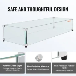 Glasvindskydd, Rektangulärt eldbord, 92.4x41.7x19.1 cm, Glas