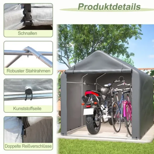 New Grå Cykelgarage / Redskapsbod 160x220x165 cm med rullport, vattentätt PE-material Skjul, Garage & Carports
